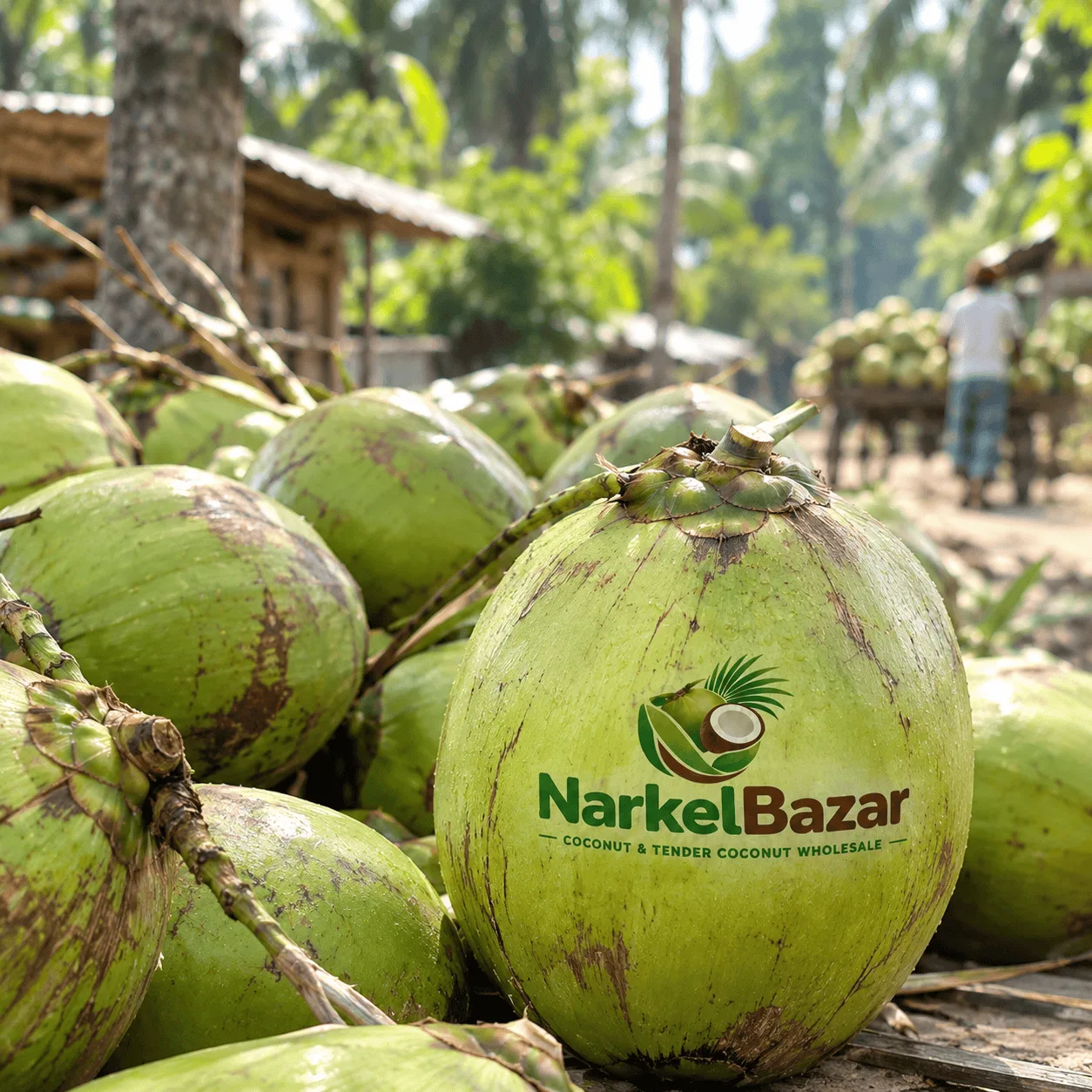 Mature coconuts on a table